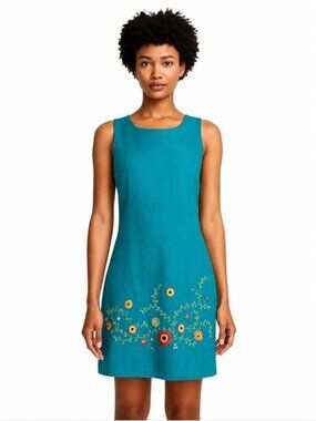 John Roberts Teal Sleeveless Floral Embroidered Mini Dress